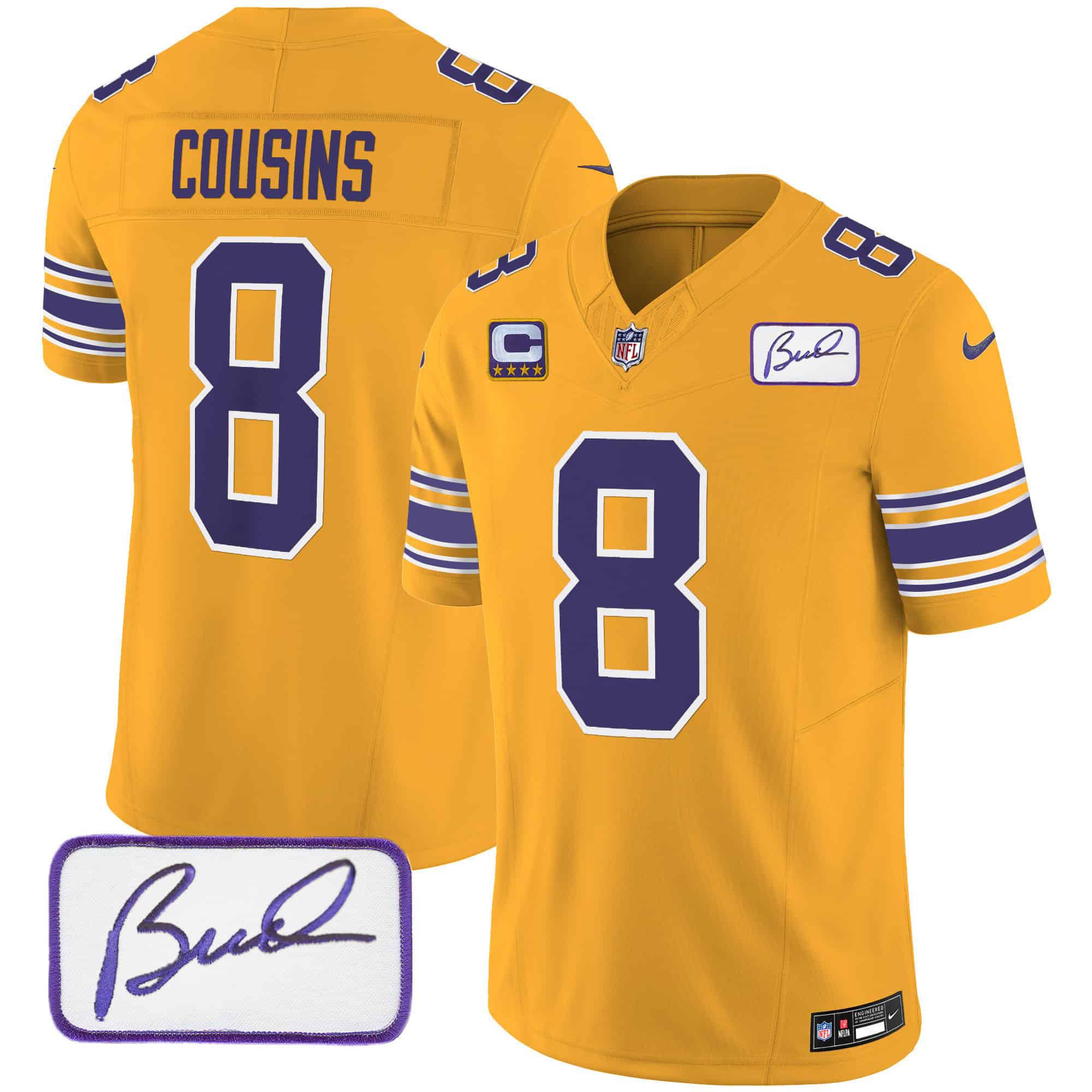 Men Minnesota Vikings #8 Cousins Yellow 2024 Nike Bud Grant Patch Classic Limited NFL Jersey